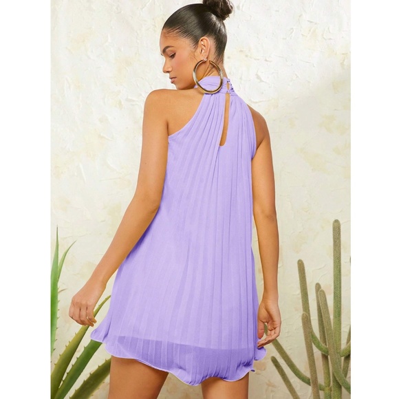 Pleated Lavender Mini Dress Tie Neck Short A-Line Flared - Picture 5 of 11